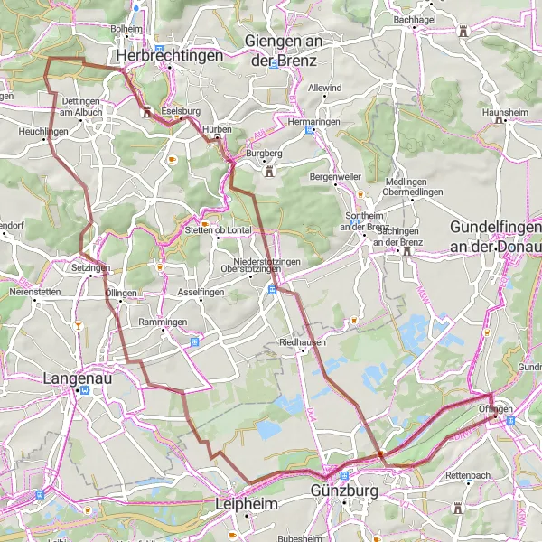 Map miniature of "Niederstotzingen to Günzburg Scenic Route" cycling inspiration in Schwaben, Germany. Generated by Tarmacs.app cycling route planner