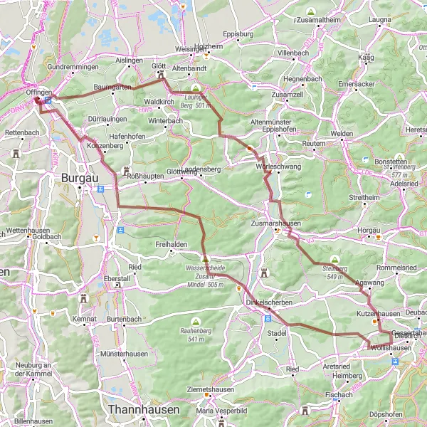Map miniature of "Glött to Haldenwang Adventure" cycling inspiration in Schwaben, Germany. Generated by Tarmacs.app cycling route planner