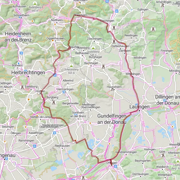 Map miniature of "Offingen to Beobachtungsturm Sophienried Loop" cycling inspiration in Schwaben, Germany. Generated by Tarmacs.app cycling route planner