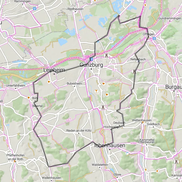 Map miniature of "Rettenbach Loop" cycling inspiration in Schwaben, Germany. Generated by Tarmacs.app cycling route planner