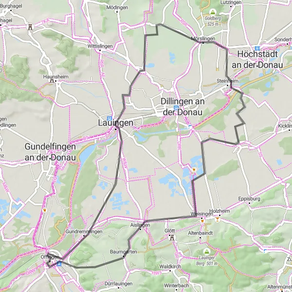 Map miniature of "Gundremmingen Circuit" cycling inspiration in Schwaben, Germany. Generated by Tarmacs.app cycling route planner