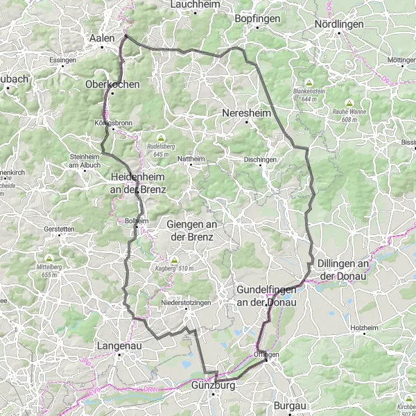 Map miniature of "Günzburg-Heidenheim-Metersberg Loop" cycling inspiration in Schwaben, Germany. Generated by Tarmacs.app cycling route planner