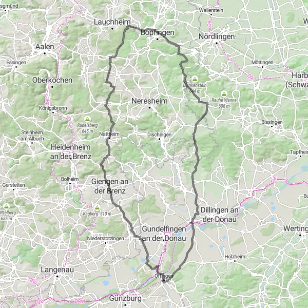 Map miniature of "Sontheim an der Brenz to Gundremmingen Road Trip" cycling inspiration in Schwaben, Germany. Generated by Tarmacs.app cycling route planner