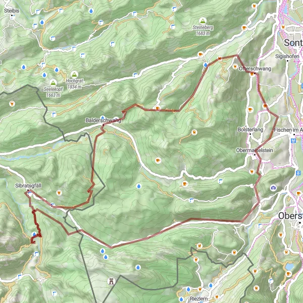 Map miniature of "Oberschwaben-Allgäu Gravel Ride" cycling inspiration in Schwaben, Germany. Generated by Tarmacs.app cycling route planner