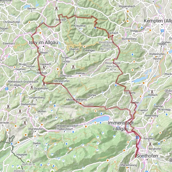 Map miniature of "Allgäu Gravel Tour" cycling inspiration in Schwaben, Germany. Generated by Tarmacs.app cycling route planner