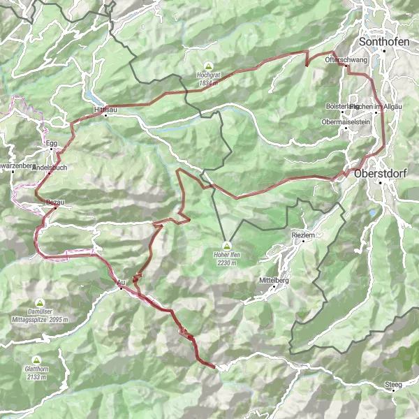 Map miniature of "Alpine Gravel Adventure" cycling inspiration in Schwaben, Germany. Generated by Tarmacs.app cycling route planner