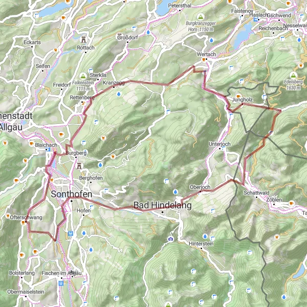 Karten-Miniaturansicht der Radinspiration "Gravel-Tour durch die Berge von Ofterschwang" in Schwaben, Germany. Erstellt vom Tarmacs.app-Routenplaner für Radtouren
