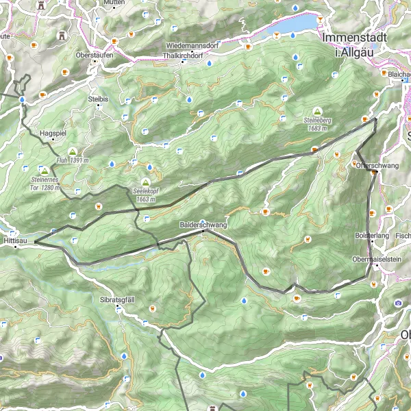 Map miniature of "Ofterschwang-Bolsterlang-Schafkopf-Balderschwang-Kapelle-Heidenkopf-Gunzesried-Säge" cycling inspiration in Schwaben, Germany. Generated by Tarmacs.app cycling route planner