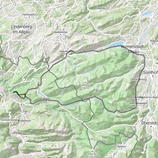 Map miniature of "Ofterschwang-Bolsterlang-Schafkopf-Känzele-Lingenau-Wasserscheide Rhein/Donau-Blaichach" cycling inspiration in Schwaben, Germany. Generated by Tarmacs.app cycling route planner