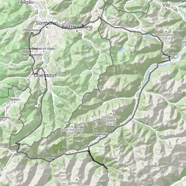 Map miniature of "Ofterschwang-Bad Hindelang-Aussicht Ifenblick-Nesselwängle-Gaichtpass-Baichlstein-Elmen-Elbigenalp-Scheibe-Steeg-Schrofenpass-Einödsbach-Oberstdorf-Herrenberg" cycling inspiration in Schwaben, Germany. Generated by Tarmacs.app cycling route planner