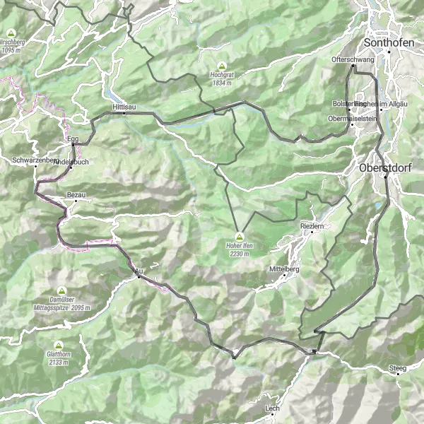 Map miniature of "Allgäu Alpine Road Cycling Experience" cycling inspiration in Schwaben, Germany. Generated by Tarmacs.app cycling route planner