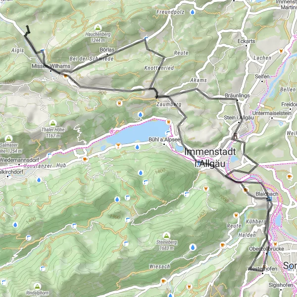 Karten-Miniaturansicht der Radinspiration "Panorama-Tour durch das Allgäu" in Schwaben, Germany. Erstellt vom Tarmacs.app-Routenplaner für Radtouren