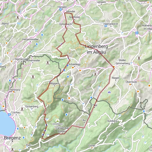 Map miniature of "Scenic Gravel Tour near Lindenberg im Allgäu" cycling inspiration in Schwaben, Germany. Generated by Tarmacs.app cycling route planner