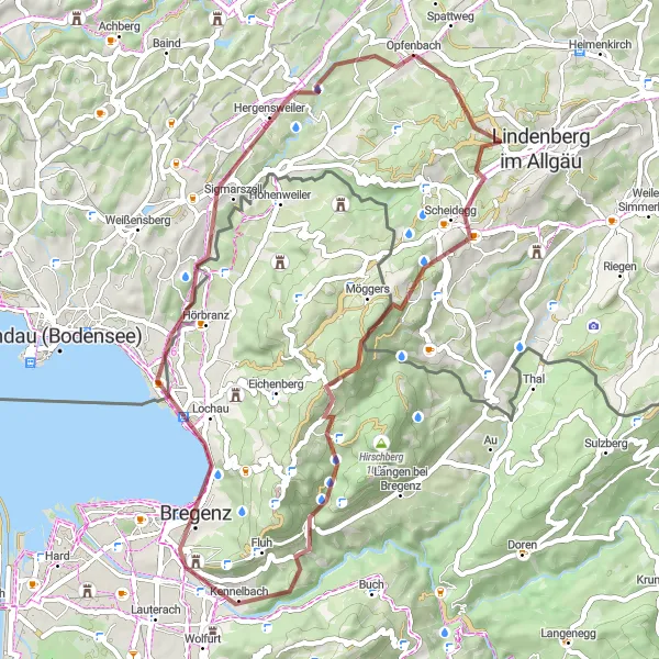 Map miniature of "Picturesque Gravel Ride to Bregenz" cycling inspiration in Schwaben, Germany. Generated by Tarmacs.app cycling route planner