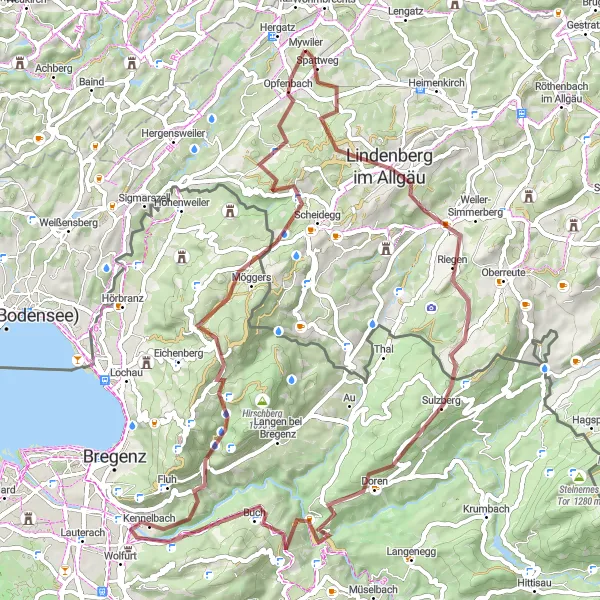 Karten-Miniaturansicht der Radinspiration "Opfenbach und Umgebung - Natur pur entdecken" in Schwaben, Germany. Erstellt vom Tarmacs.app-Routenplaner für Radtouren