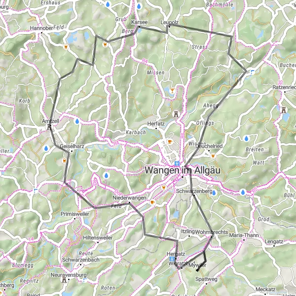 Map miniature of "Wigratzbad and Wangen im Allgäu Road Cycling Route" cycling inspiration in Schwaben, Germany. Generated by Tarmacs.app cycling route planner