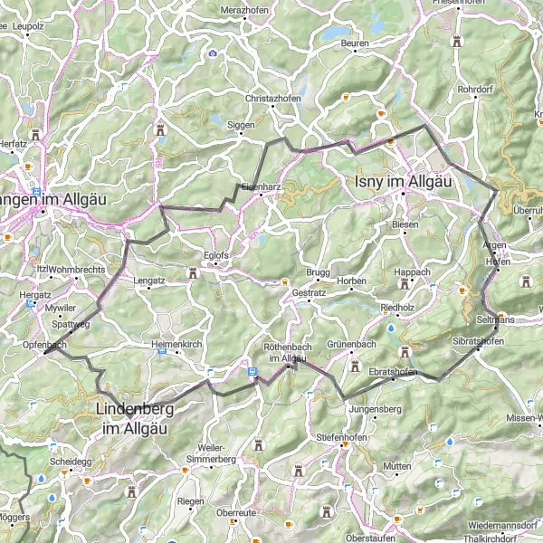 Map miniature of "Opfenbach Gravel Adventure" cycling inspiration in Schwaben, Germany. Generated by Tarmacs.app cycling route planner