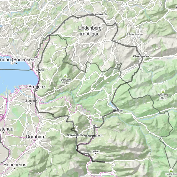 Map miniature of "Lake Constance and Alpine Foothills Road Cycling" cycling inspiration in Schwaben, Germany. Generated by Tarmacs.app cycling route planner