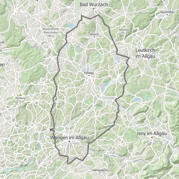 Map miniature of "Countryside Road Cycling Adventure from Hergatz to Muthen" cycling inspiration in Schwaben, Germany. Generated by Tarmacs.app cycling route planner