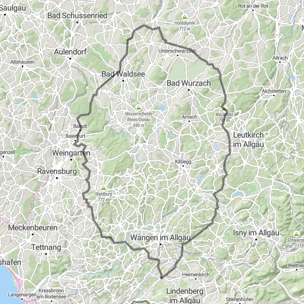 Map miniature of "Scenic Road Cycling Tour to Oberessendorf" cycling inspiration in Schwaben, Germany. Generated by Tarmacs.app cycling route planner