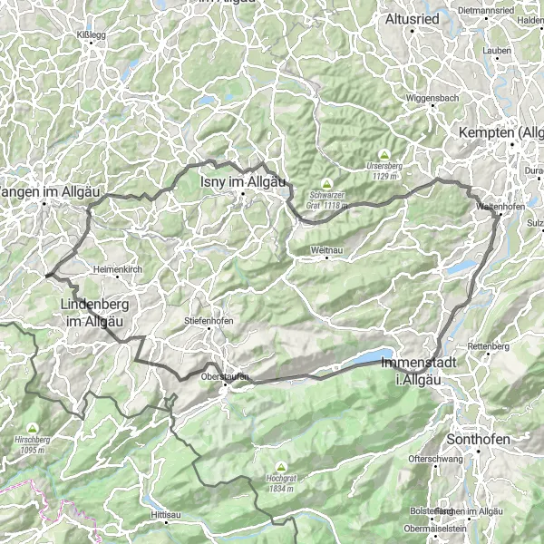 Map miniature of "Opfenbach to Lindenberg" cycling inspiration in Schwaben, Germany. Generated by Tarmacs.app cycling route planner