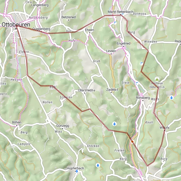 Map miniature of "Bavarian Hillside Gravel Adventure" cycling inspiration in Schwaben, Germany. Generated by Tarmacs.app cycling route planner