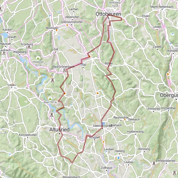 Map miniature of "Bucolic Gravel Trail Delight" cycling inspiration in Schwaben, Germany. Generated by Tarmacs.app cycling route planner
