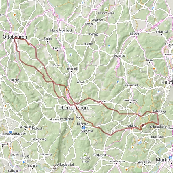 Map miniature of "Bavarian Gravel Challenge of the Senses" cycling inspiration in Schwaben, Germany. Generated by Tarmacs.app cycling route planner