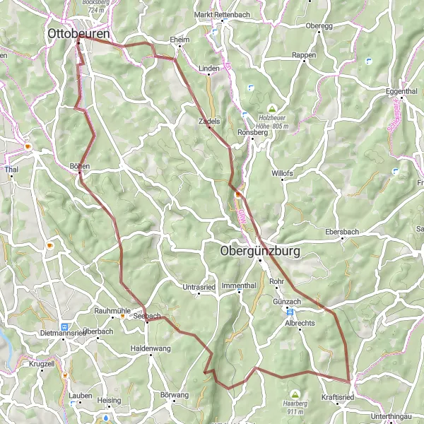 Karten-Miniaturansicht der Radinspiration "Graveltour um Ottobeuren" in Schwaben, Germany. Erstellt vom Tarmacs.app-Routenplaner für Radtouren