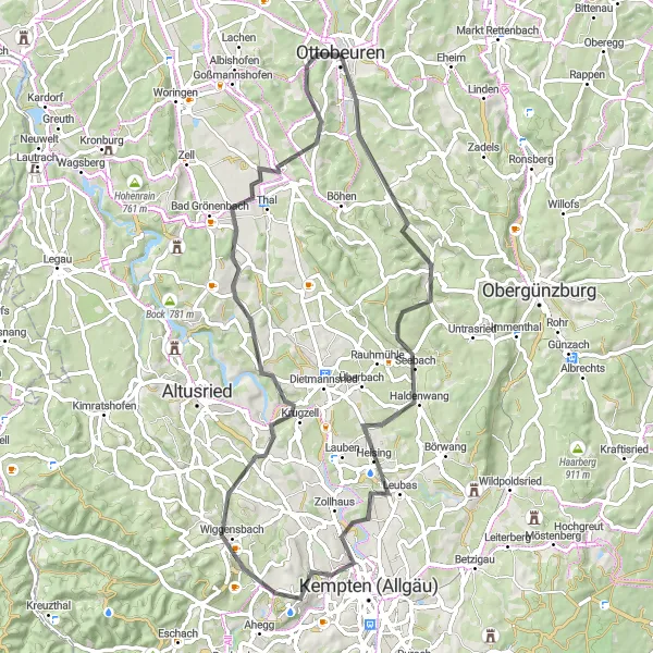 Map miniature of "Günzegg Loop" cycling inspiration in Schwaben, Germany. Generated by Tarmacs.app cycling route planner