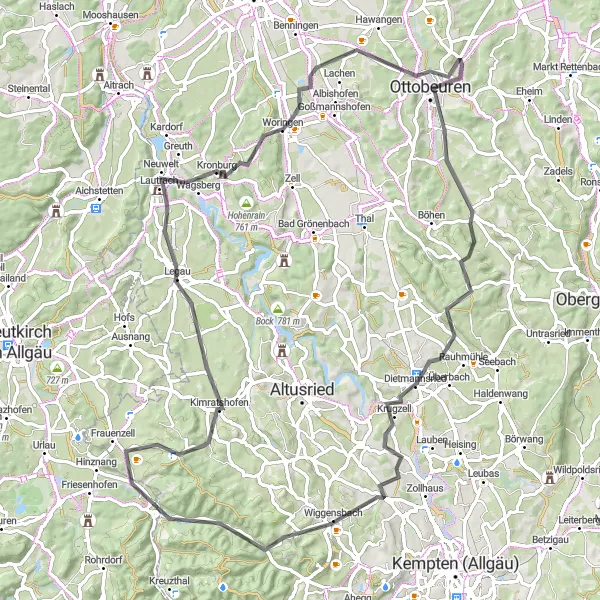 Map miniature of "The Ottobeuren Loop" cycling inspiration in Schwaben, Germany. Generated by Tarmacs.app cycling route planner
