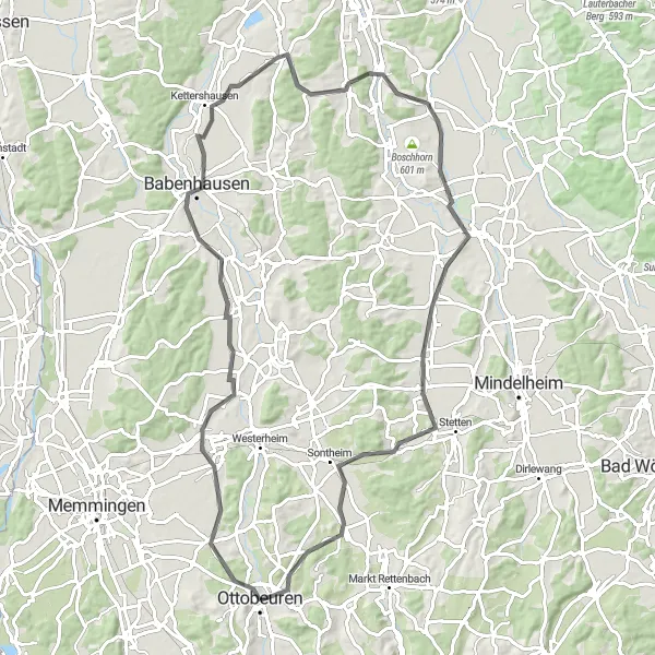 Map miniature of "Charming Road Cycling Adventure" cycling inspiration in Schwaben, Germany. Generated by Tarmacs.app cycling route planner