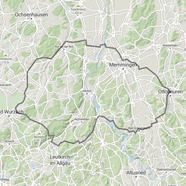 Map miniature of "Bavarian Countryside Road Cycling Expedition" cycling inspiration in Schwaben, Germany. Generated by Tarmacs.app cycling route planner