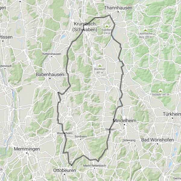 Map miniature of "Günz Valley Adventure" cycling inspiration in Schwaben, Germany. Generated by Tarmacs.app cycling route planner