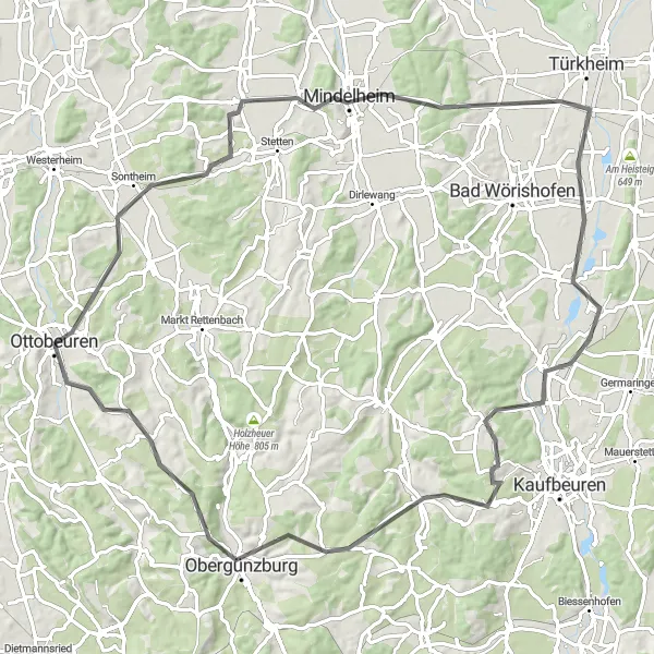Map miniature of "Irsingen Adventure" cycling inspiration in Schwaben, Germany. Generated by Tarmacs.app cycling route planner
