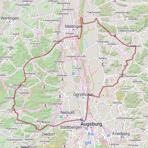 Map miniature of "The Affing Adventure" cycling inspiration in Schwaben, Germany. Generated by Tarmacs.app cycling route planner