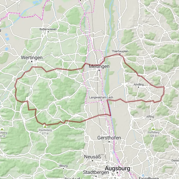 Karten-Miniaturansicht der Radinspiration "Abenteuerliche Radtour durch Gablingen und Thierhaupten" in Schwaben, Germany. Erstellt vom Tarmacs.app-Routenplaner für Radtouren