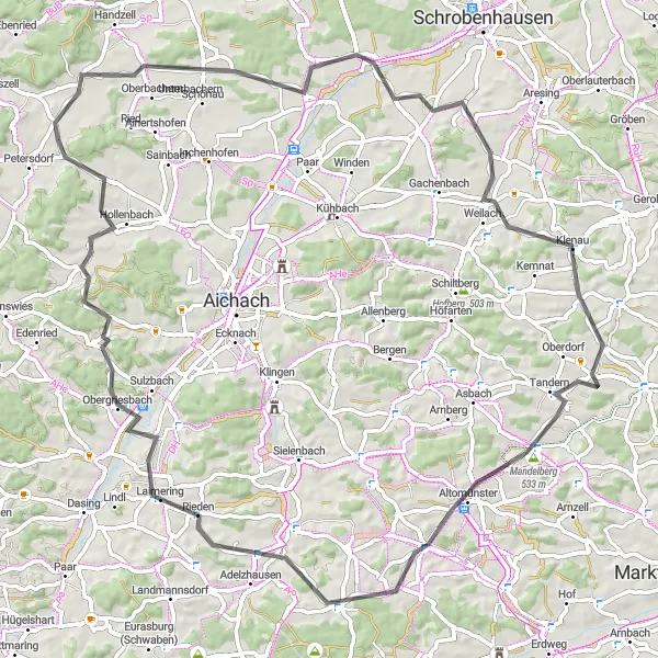 Map miniature of "Altomünster-Marbach Loop" cycling inspiration in Schwaben, Germany. Generated by Tarmacs.app cycling route planner