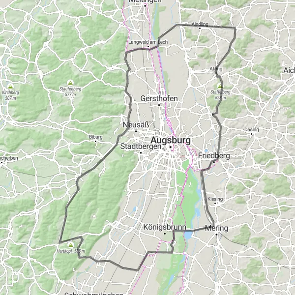 Map miniature of "Mering-Minding Loop" cycling inspiration in Schwaben, Germany. Generated by Tarmacs.app cycling route planner