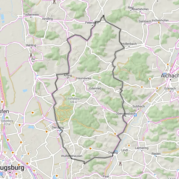 Map miniature of "Obergriesbach to Petersdorf Cycling Route" cycling inspiration in Schwaben, Germany. Generated by Tarmacs.app cycling route planner