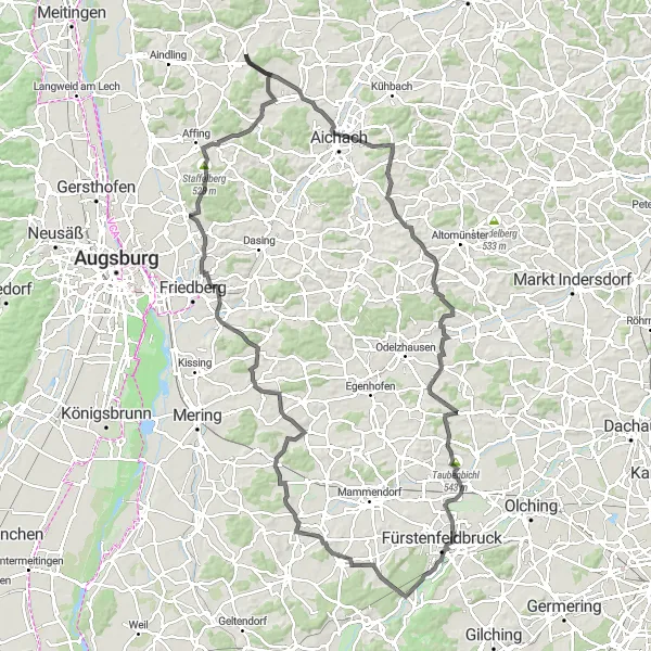 Map miniature of "Aichach to Petersdorf Cycling Route" cycling inspiration in Schwaben, Germany. Generated by Tarmacs.app cycling route planner
