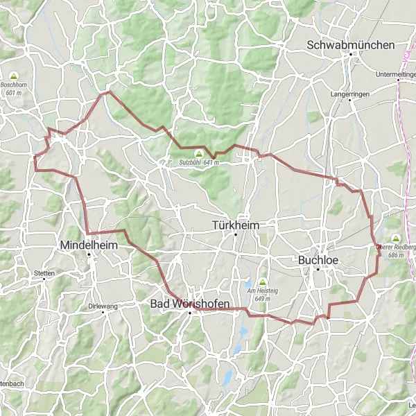 Map miniature of "Gravel Adventure through Pfaffenhausen" cycling inspiration in Schwaben, Germany. Generated by Tarmacs.app cycling route planner