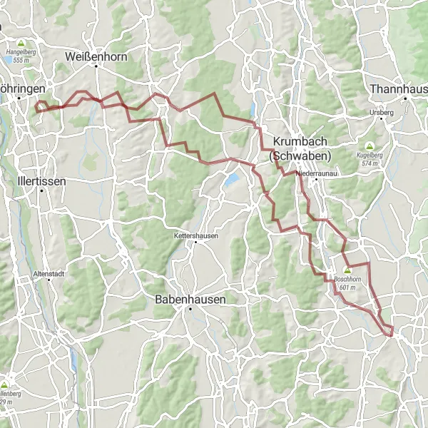 Map miniature of "Gravel Adventure to Roggenburg" cycling inspiration in Schwaben, Germany. Generated by Tarmacs.app cycling route planner