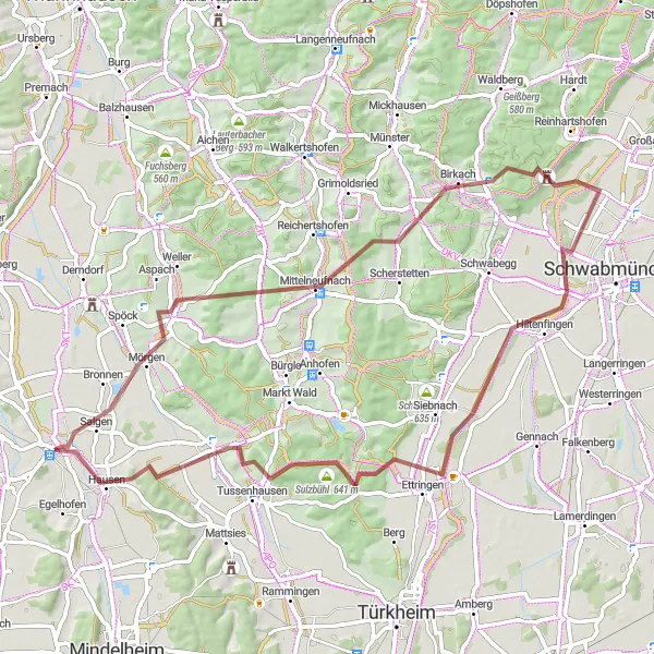 Map miniature of "Off the Beaten Path in Salgen" cycling inspiration in Schwaben, Germany. Generated by Tarmacs.app cycling route planner