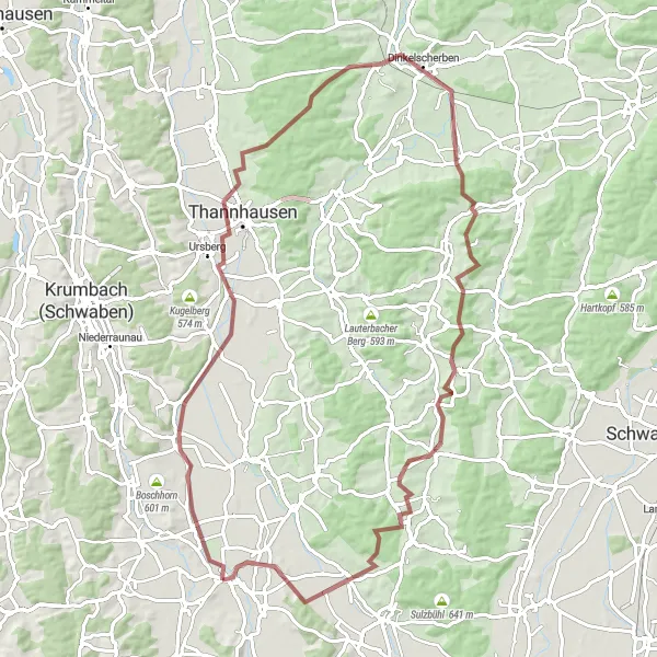 Map miniature of "Scenic Delights of Rauhenberg" cycling inspiration in Schwaben, Germany. Generated by Tarmacs.app cycling route planner