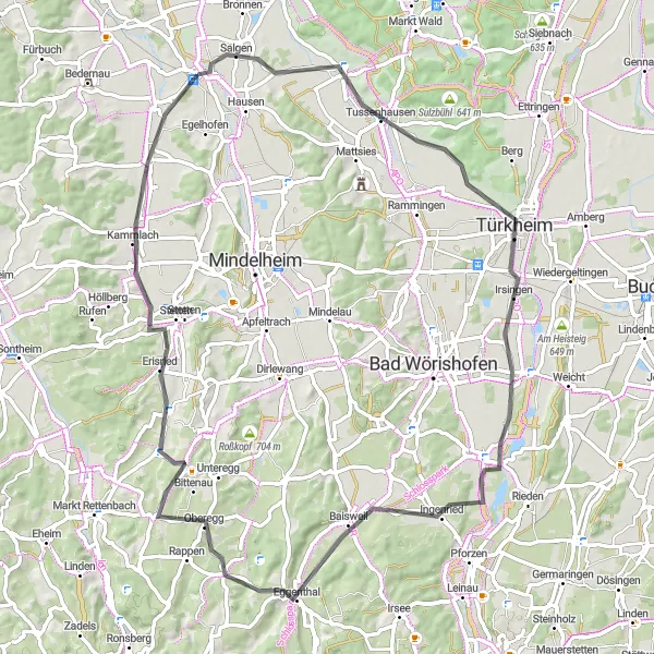 Map miniature of "Explore the Countryside - Salgen Loop" cycling inspiration in Schwaben, Germany. Generated by Tarmacs.app cycling route planner