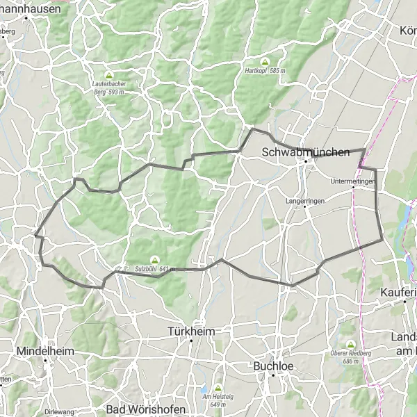 Map miniature of "Besinnungsweg from Pfaffenhausen" cycling inspiration in Schwaben, Germany. Generated by Tarmacs.app cycling route planner