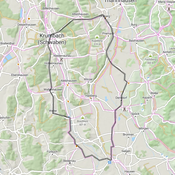 Map miniature of "Scenic Road Ride to Kirchheim in Schwaben" cycling inspiration in Schwaben, Germany. Generated by Tarmacs.app cycling route planner