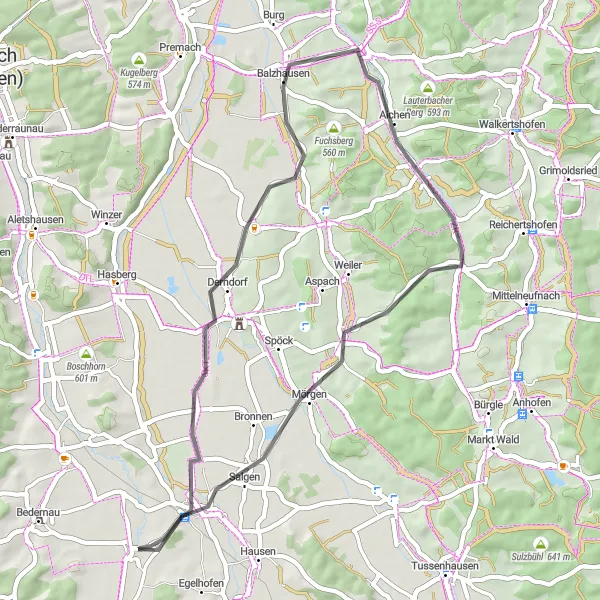 Map miniature of "Scenic Road Ride to Salgen" cycling inspiration in Schwaben, Germany. Generated by Tarmacs.app cycling route planner