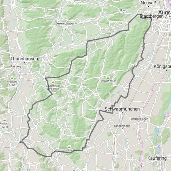 Map miniature of "Flowing through Fischach Valley" cycling inspiration in Schwaben, Germany. Generated by Tarmacs.app cycling route planner